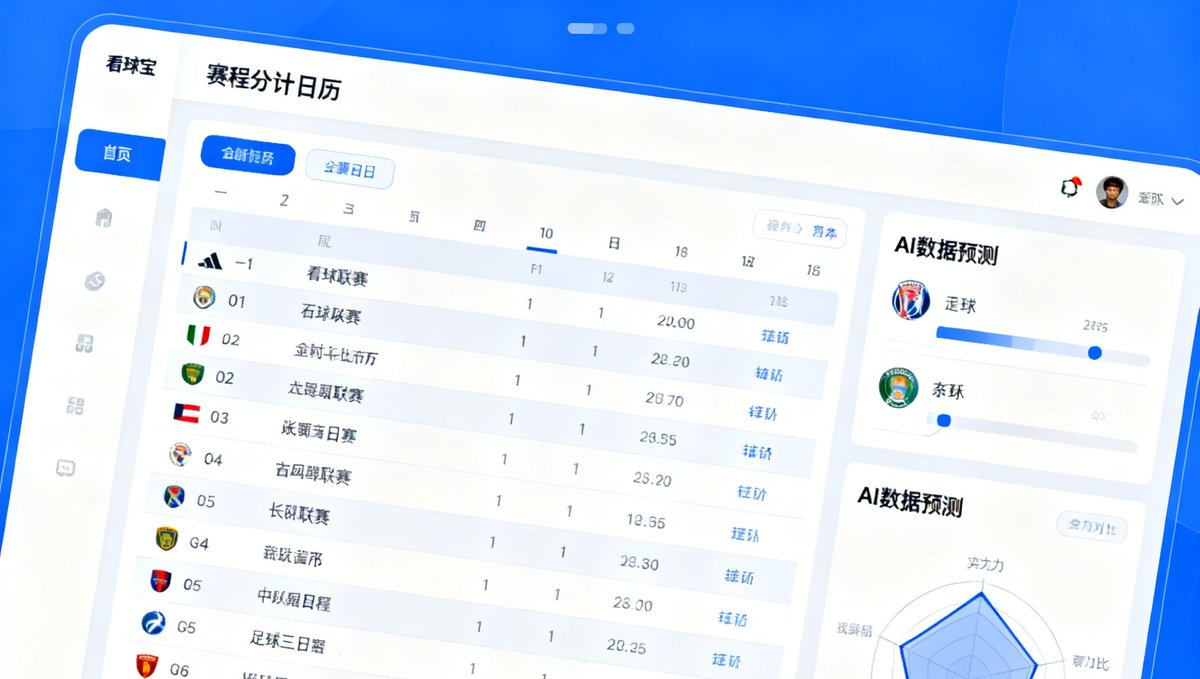 看球宝2025年夏季版本更新发布界面，全新设计的赛程日历功能展示，日历视图下清晰排列着各联赛比赛日程，AI数据预测模块用雷达图展示球队实力对比